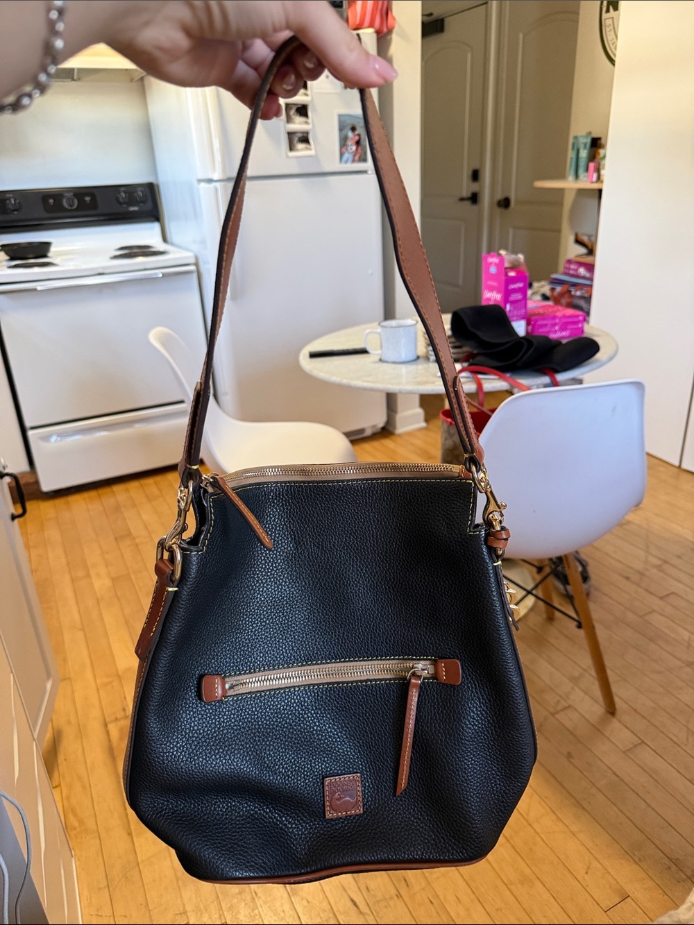 Dooney & Bourke Black Pebble Leather Shoulder Bag with Brown Trim